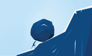 Man pushing a boulder up a mountain side