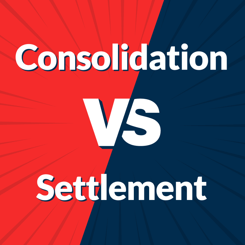 Debt Consolidation vs Debt Settlement on blue and red background