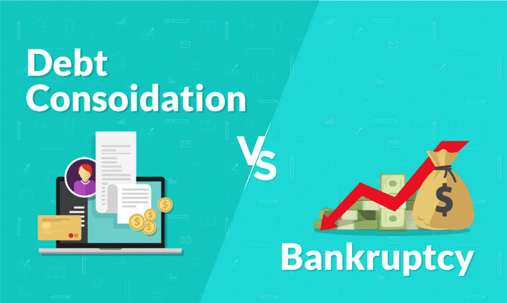 Debt Consolidation vs Bankruptcy on blue background