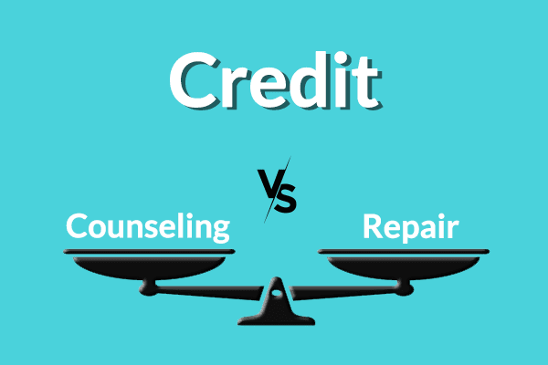 Scale weighing benefits of credit counseling vs credit repair