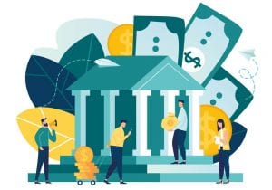 Vector flat illustration, bank building on a white background