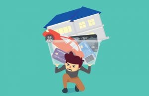 Illustration of man kneeling down while carrying box full of credit card debt