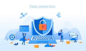 Illustration of man holding credit card and man holding lock next to laptop that is protected