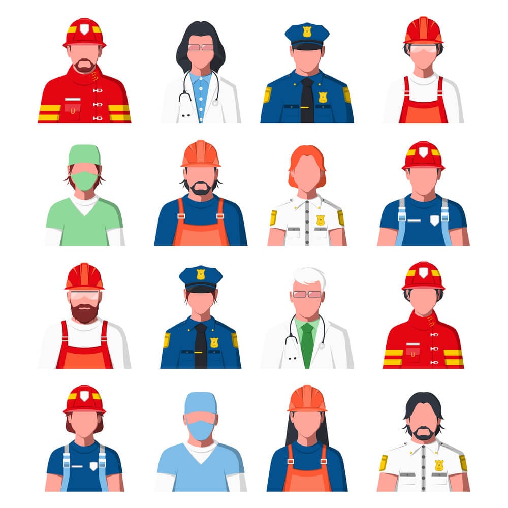 Illustrated picture of types of public services employees in uniform