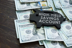 Piggy bank and high yield savings account words on it.