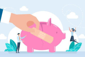 Illustration of broken piggy bank with a bandage representing bankruptcy recovery.